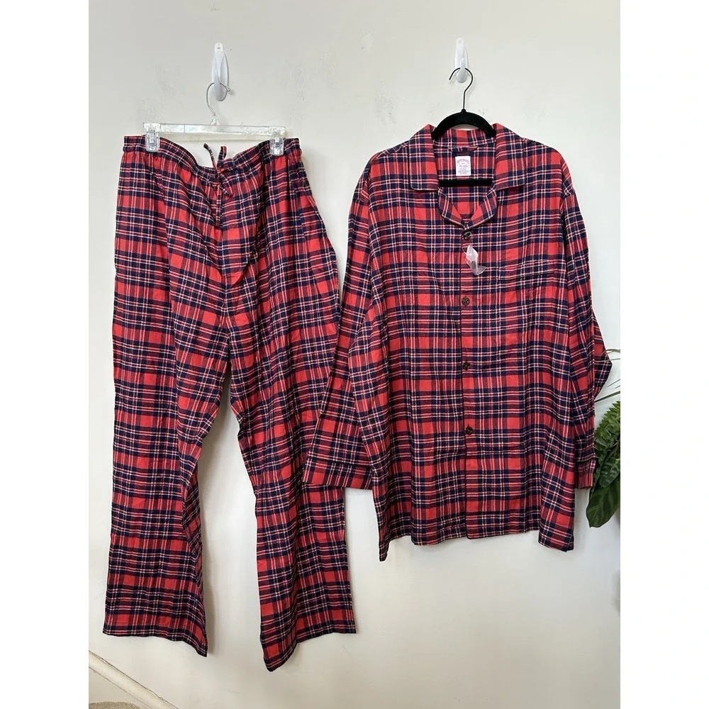 NWT Brooks Brothers Mens Red Plaid Cotton Pajama Set Button Front Loungewear 2XL
